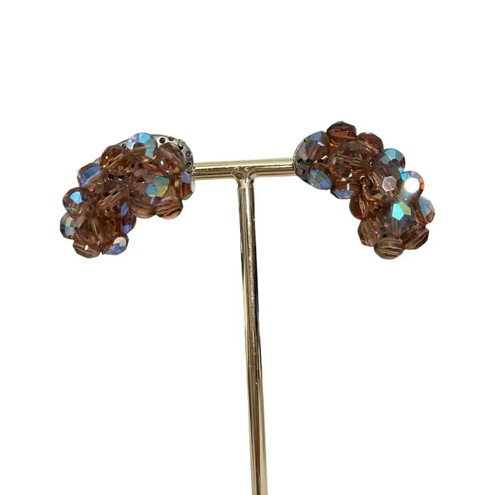 Smoky Topaz Rootbeer Rhinestone Bead Brass Cap Kidney Shape Clip On Earrings